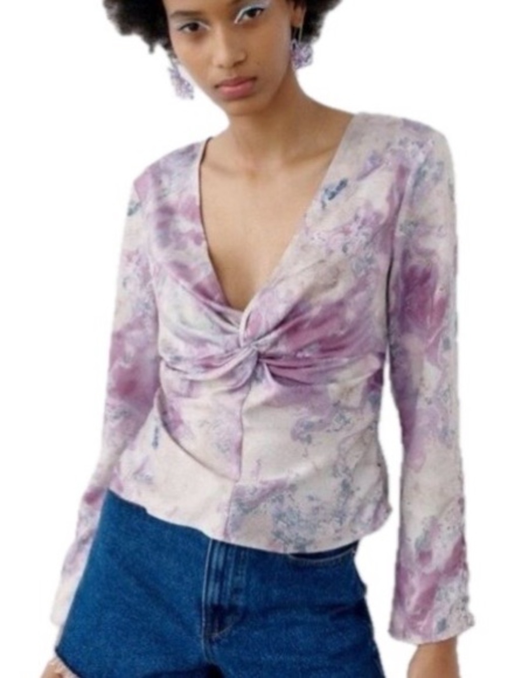 NWT Zara Satin Marble Twist Front Blouse Size Small Long Bell Sleeve Deep V-neck